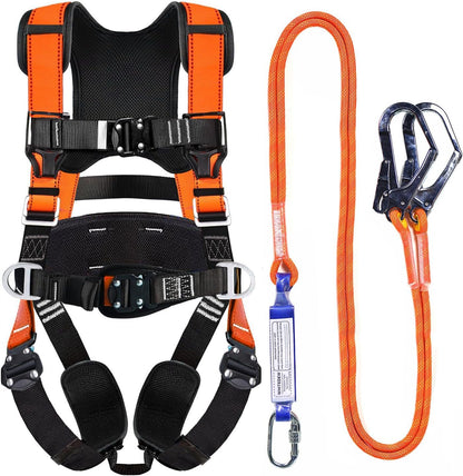 Fall Protection Premium Safety Harness with Shock Absorbing Lanyard, Roofing Constructio Harness, Vented & Padded Shoulder, Legs & Back - Upgrade 4 Quick Buckles(Orange)