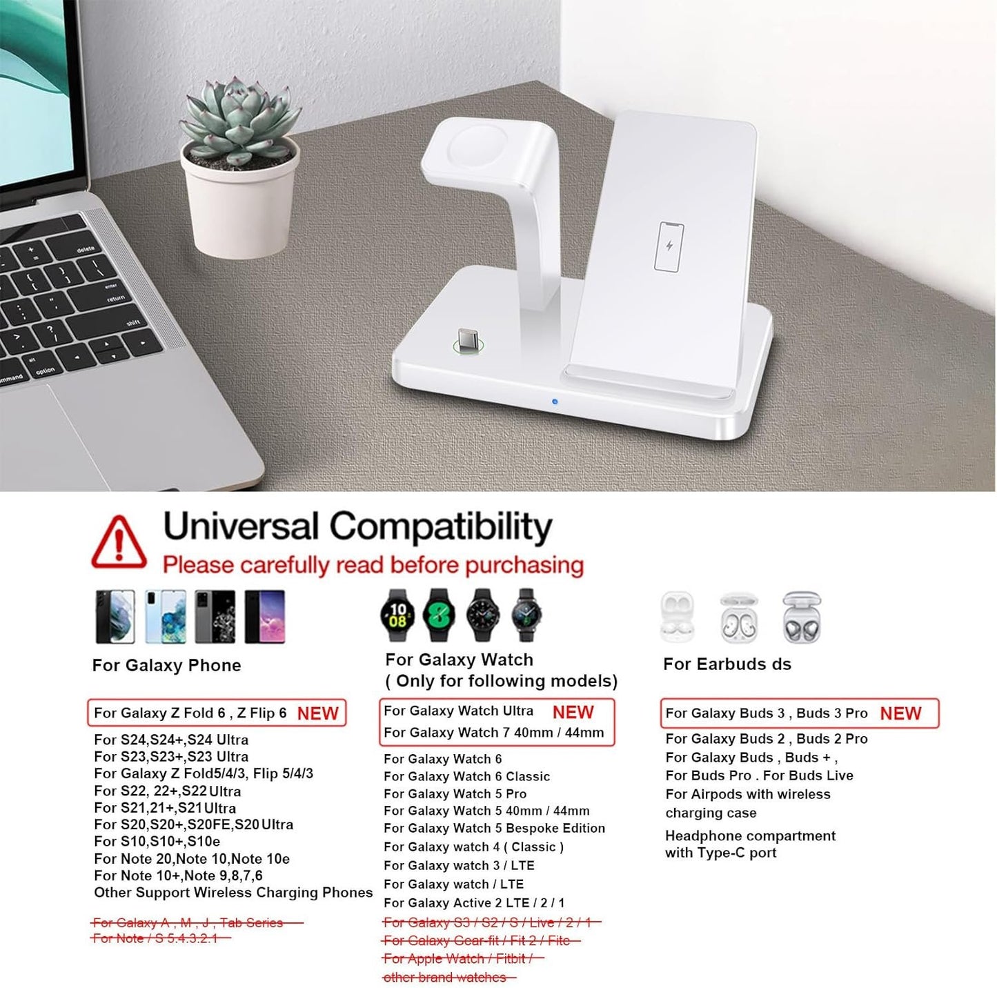 3 in 1 Wireless Charger for Samsung Wireless Charging Station Compatible with Samsung Galaxy S25/S24/S23/S22/S21/S20,Note 20/10,Galaxy Watch Ultra/7/6/5/4/3/Active,Galaxy Buds Series