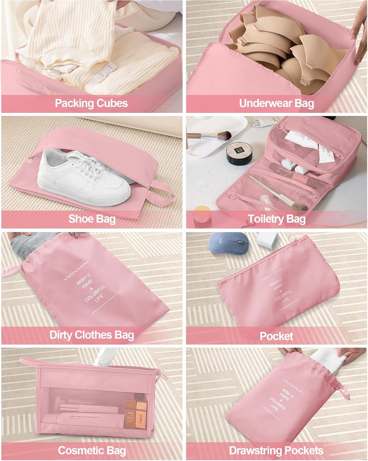 Packing Cubes for Suitcases, TRMFUSA 10 Pcs Packing Organizers, Luggage Organizers with Laundry Bags/Shoe Bag/Toiletry Bag (Pink)