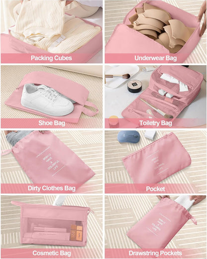 Packing Cubes for Suitcases, TRMFUSA 10 Pcs Packing Organizers, Luggage Organizers with Laundry Bags/Shoe Bag/Toiletry Bag (Pink)