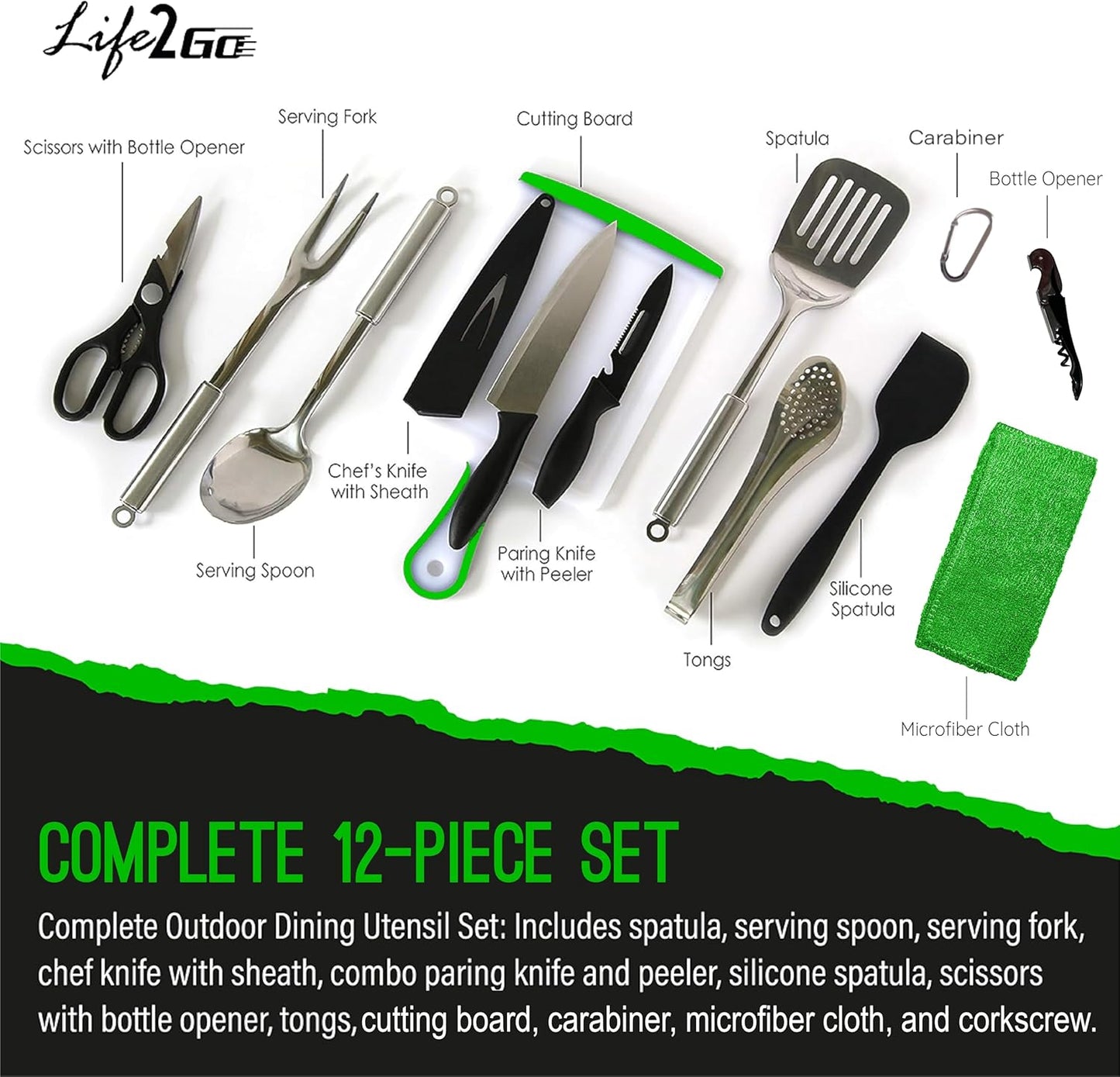 Life 2 Go Camp Cooking Utensil Set & Outdoor Kitchen Gear Cookware Kit, Portable Compact Carry Case for Camping, Hiking, Travel, BBQ Grilling Stainless Steel Accessories Spoon & Fork