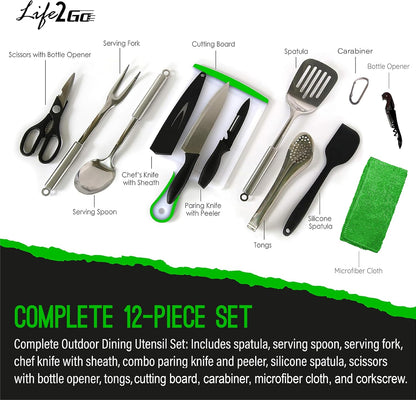 Life 2 Go Camp Cooking Utensil Set & Outdoor Kitchen Gear Cookware Kit, Portable Compact Carry Case for Camping, Hiking, Travel, BBQ Grilling Stainless Steel Accessories Spoon & Fork