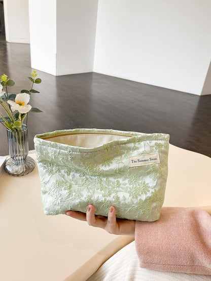 The Summer Swan | Large Aesthetic Floral Makeup Bag | Mid-day Clutch | Period Kit | Hygiene | Skincare | Embroidery Green Fabric Cosmetic Bag With Zipper