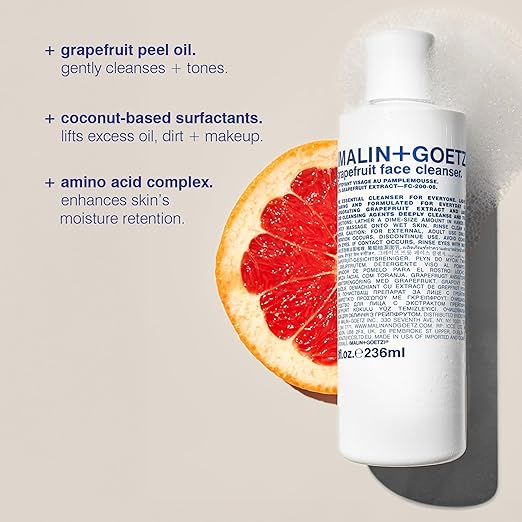 Malin + Goetz Grapefruit Face Cleanser, 8 Fl. Oz. - Men & Women Facial Cleanser for All Skin Types, Face Wash & Toner, Cleansing Facial Wash, Vegan & Cruelty Free