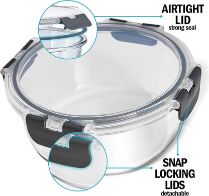 Igluu Meal Prep - Set of 3 Stackable Glass Round Containers - Lunch Box for Food Storage, Freezer, Microwave & Oven - Dishwasher-Safe, BPA-Free - Airtight SnapLock Lids (Different Sizes)