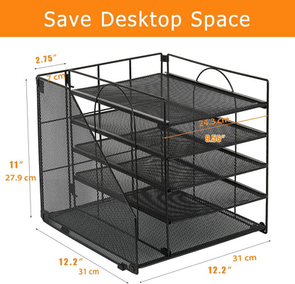Gugsey Desk Organizer and Accessories, 5-Tier Paper Letter Tray with File Holder, Mesh Desktop File Organizers for School, Home, Office Supplies Organization and Storage (Black)