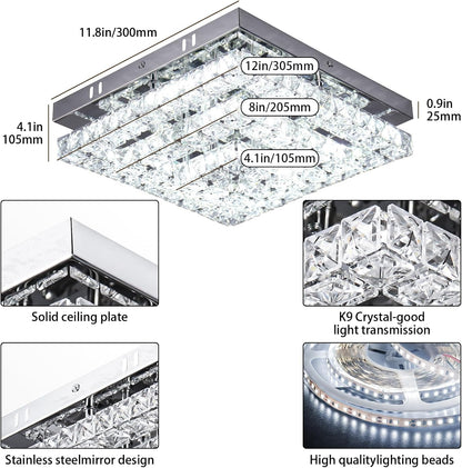 Cainjiazh 11.8 inch Crystal Chandelier LED Flush Mount Crystal Ceiling Light Modern Crystal Chandelier Square Ceiling Light for Bedroom Hallway Kitchen Office Without Remote Control