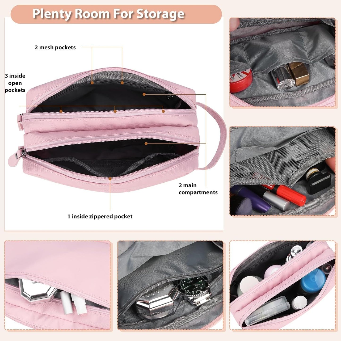Toiletry Bag Oxford Cloth Toiletry Bag for Men and Women Portable Travel Shaving Dopp Kit Water-Resistant Cosmetic Bag Travel Organizer Storage for Accessories,Pink