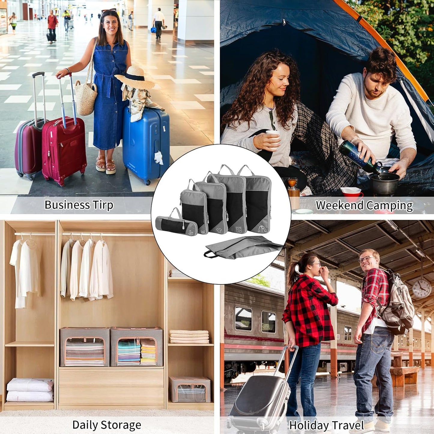 FAEFTY Packing Cubes Compression Suitcase Organizer Set, 6 Pieces Expandable Pockets Suitcase Organizer, Backpack, Grey