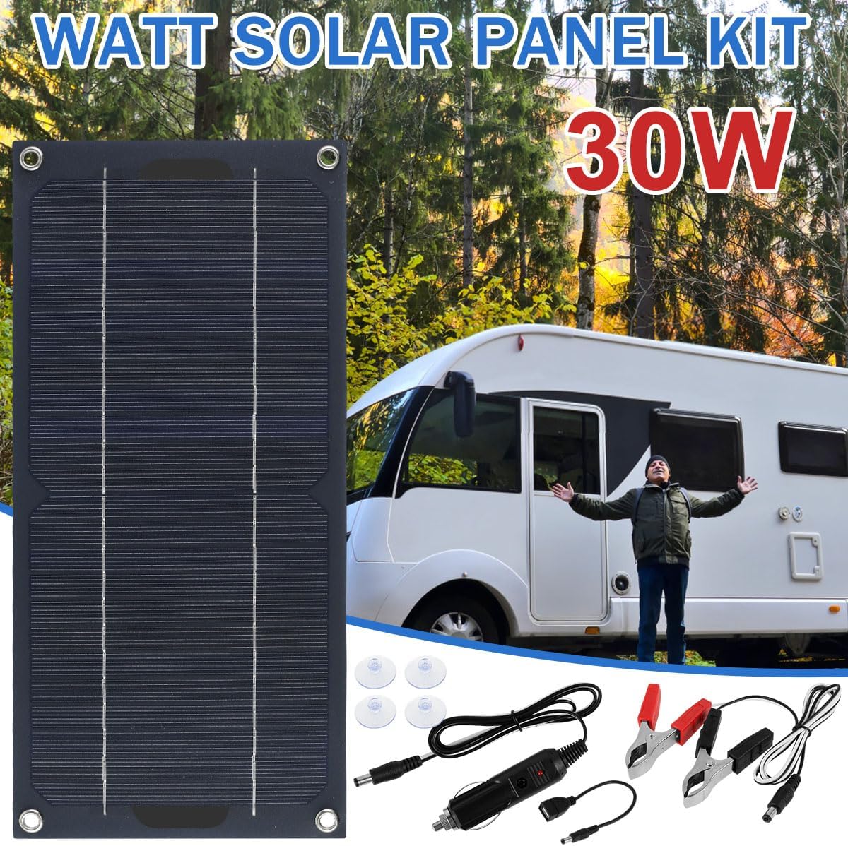 Solar Panel Kit, Solar Trickle Charger, Solar Panel Charger, 30W DC 12-24V Portable Multiple Protection Monocrystalline for Cars RVs Campers Boats