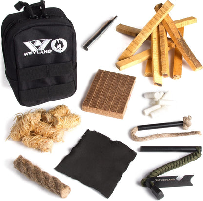 WEYLAND Fire Starter Kit - Waterproof Emergency Survival Fire Starting Kit, Magnesium Flint Fire Starter Ferro Rod, Fire Starter Rope Tinder Reuseable Match, Fat Rope Stick, Fatwood Sticks n MOLLE Bag