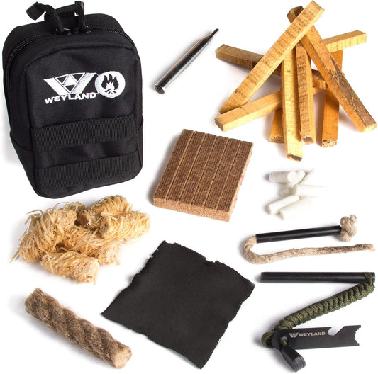 WEYLAND Fire Starter Kit - Waterproof Emergency Survival Fire Starting Kit, Magnesium Flint Fire Starter Ferro Rod, Fire Starter Rope Tinder Reuseable Match, Fat Rope Stick, Fatwood Sticks n MOLLE Bag
