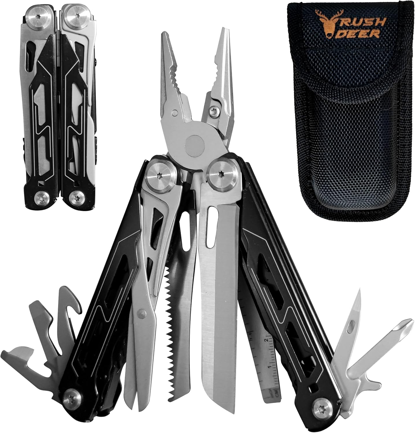 RUSH DEER Multi-Tool 18-in-1 Essential Survival Tools and Multitools Plier- Gift for Men-Versatile Camping Tool Kit-ultimate versatile toolkit For DIY, Outdoor-Black