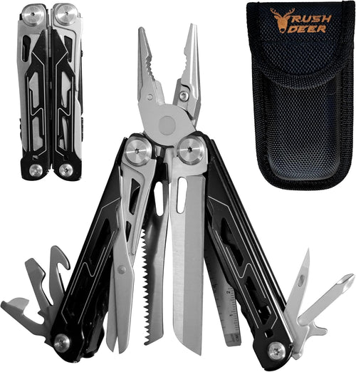 RUSH DEER Multi-Tool 18-in-1 Essential Survival Tools and Multitools Plier- Gift for Men-Versatile Camping Tool Kit-ultimate versatile toolkit For DIY, Outdoor-Black