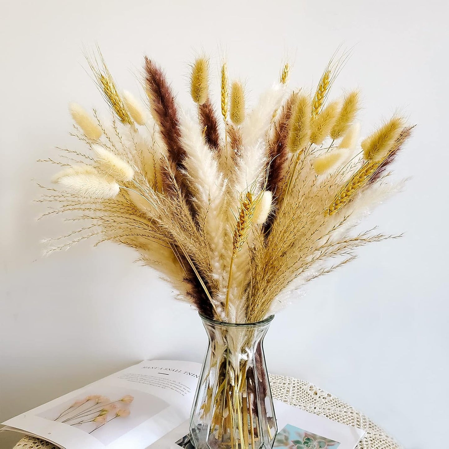 CRFNI 100 Pcs Pampas Grass - Natural Pampas & Reed Grass & Bunny Tails & Dried Wheat for Dried Flowers Arrangements Boho Wedding Home Decor