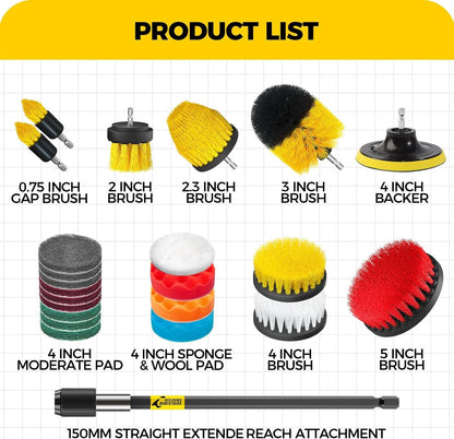 Holikme 23Pack Drill Brush Attachments Set, Scrub Pads & Sponge, Buffing Pads, Power Scrubber Brush with Extend Long Attachment, Car Polishing Pad Kit,Cleaning Supplies，Masonry Brushes,Scratch Brushes