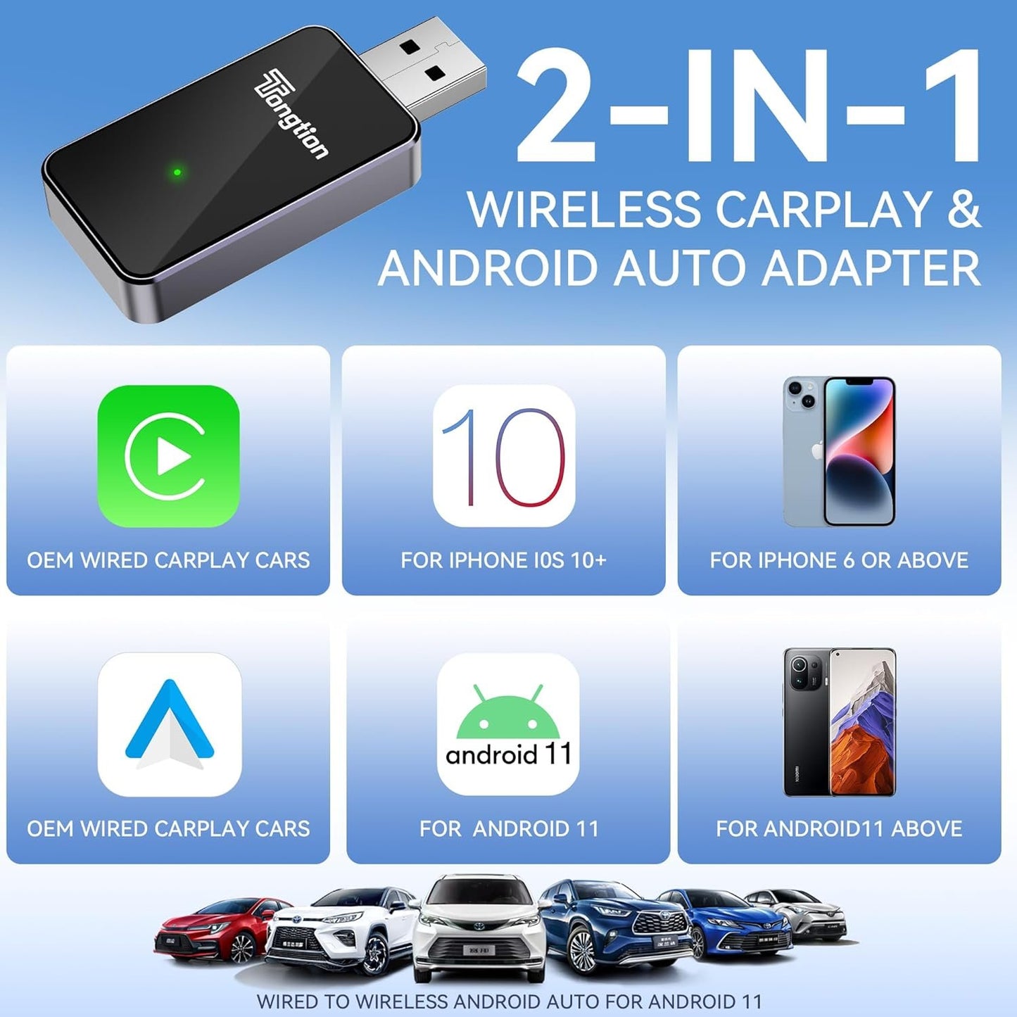 2025 Upgrade 2 in 1 Wireless Carplay & Android Auto Wireless Adapter, Convert Wired to Wireless Carplay, Plug & Play Car Dongle with Fast Stable 5G WiFi Bluetooth for iPhone iOS 10+/ Android 11+