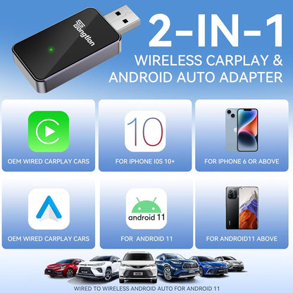 2025 Upgrade 2 in 1 Wireless Carplay & Android Auto Wireless Adapter, Convert Wired to Wireless Carplay, Plug & Play Car Dongle with Fast Stable 5G WiFi Bluetooth for iPhone iOS 10+/ Android 11+