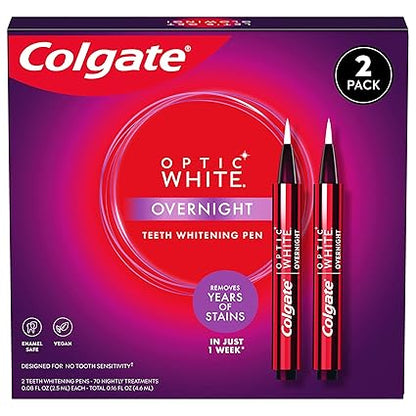 Colgate Optic White Overnight Teeth Whitening Pen, Enamel Safe and Vegan, Teeth Stain Remover to Whiten Teeth, Teeth Whitening for Sensitive Teeth, 35 Nightly Treatments Per Pen, 0.08 Oz,2 Pack