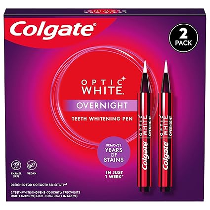 Colgate Optic White Overnight Teeth Whitening Pen, Enamel Safe and Vegan, Teeth Stain Remover to Whiten Teeth, Teeth Whitening for Sensitive Teeth, 35 Nightly Treatments Per Pen, 0.08 Oz,2 Pack