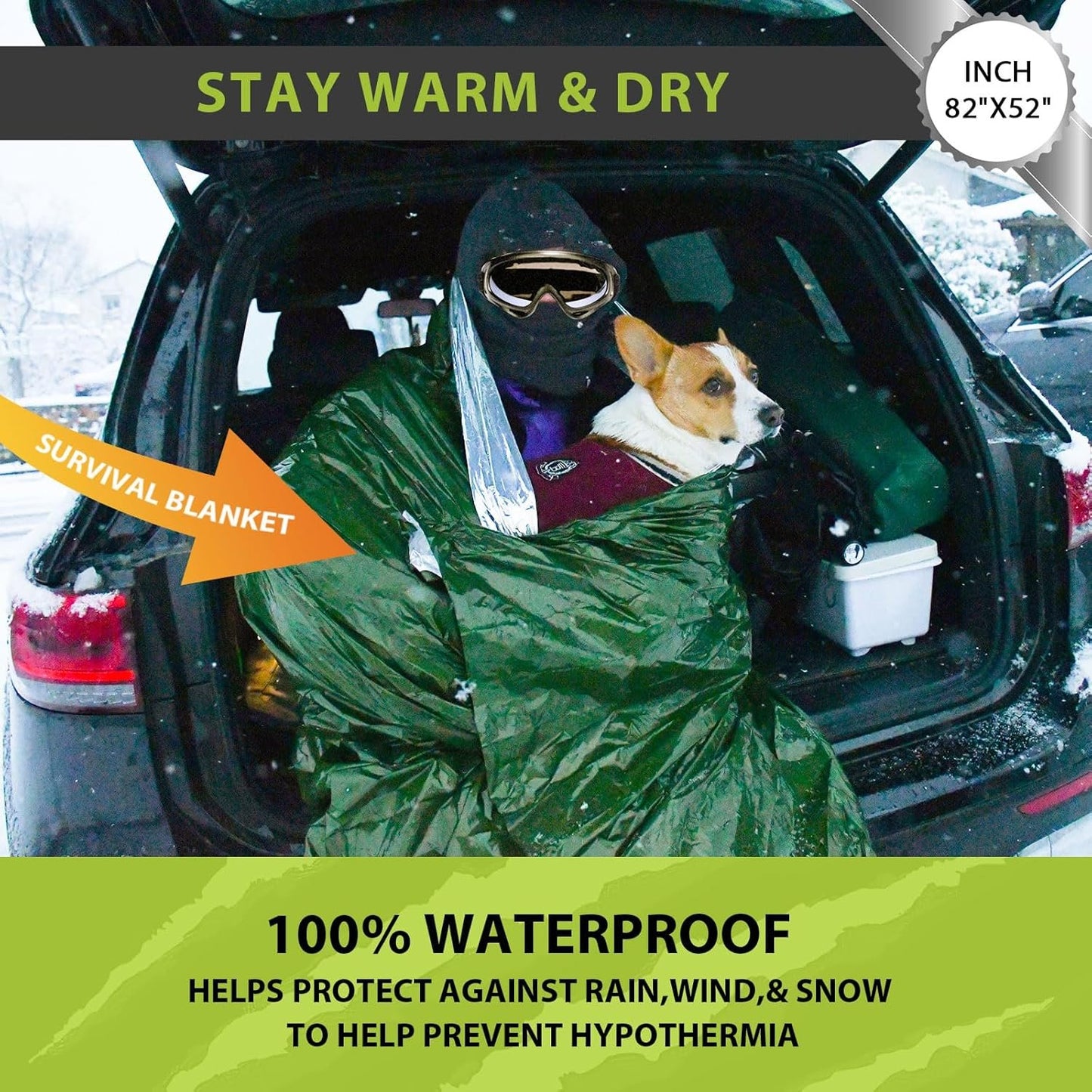 SET007 4PCS Survival Mylar Kit, 2 Person Mylar Emergency Shelter Tube Tent with Paracord, Thermal Mylar Poncho, Survival Blanket, Emergency Bivy, Military Grade Supplies for Hiking Camping, Green