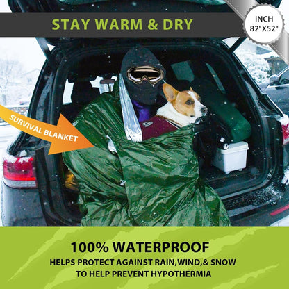 SET007 4PCS Survival Mylar Kit, 2 Person Mylar Emergency Shelter Tube Tent with Paracord, Thermal Mylar Poncho, Survival Blanket, Emergency Bivy, Military Grade Supplies for Hiking Camping, Green