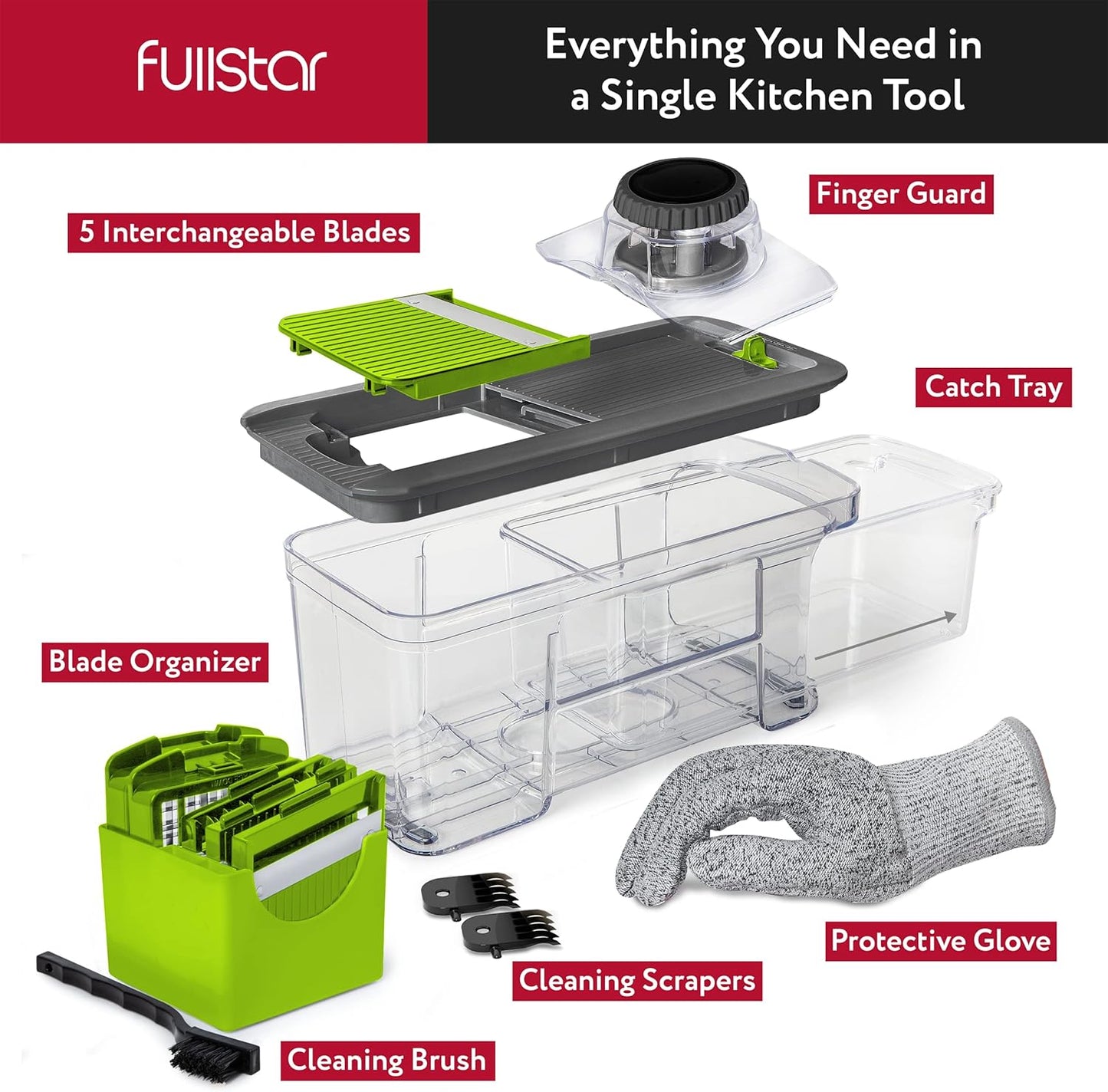 FULLSTAR All-in-1 Vegetable Chopper Gray and Green, Mandoline Slicer & Cheese Grater - Multi Blade French Fry Cutter & Veggie Dicer, Includes Handheld Spiralizer - Kitchen Gadgets