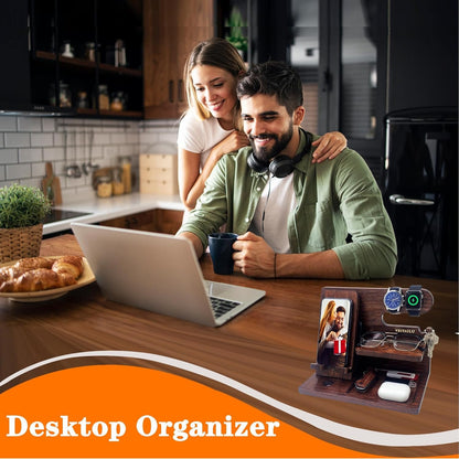 VEIYAILU Gifts for Men Women Brother Boss Boyfriend Him Nightstand Organizer Gifts for Dad from Daughter Son Wood Phone Docking Station (Dark Brown)