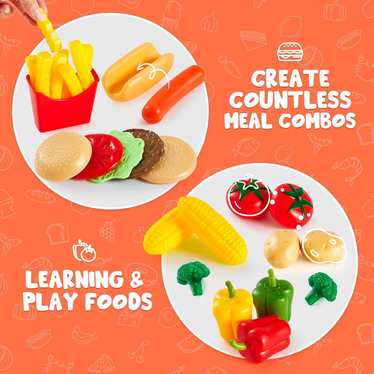 JOYIN 200 Pieces Kids Play Food Deluxe Pretend Food Set Play, Toy Food, Play Kitchen Accessories with Realistic Colors, Toddler Birthday Gift, Party Toys