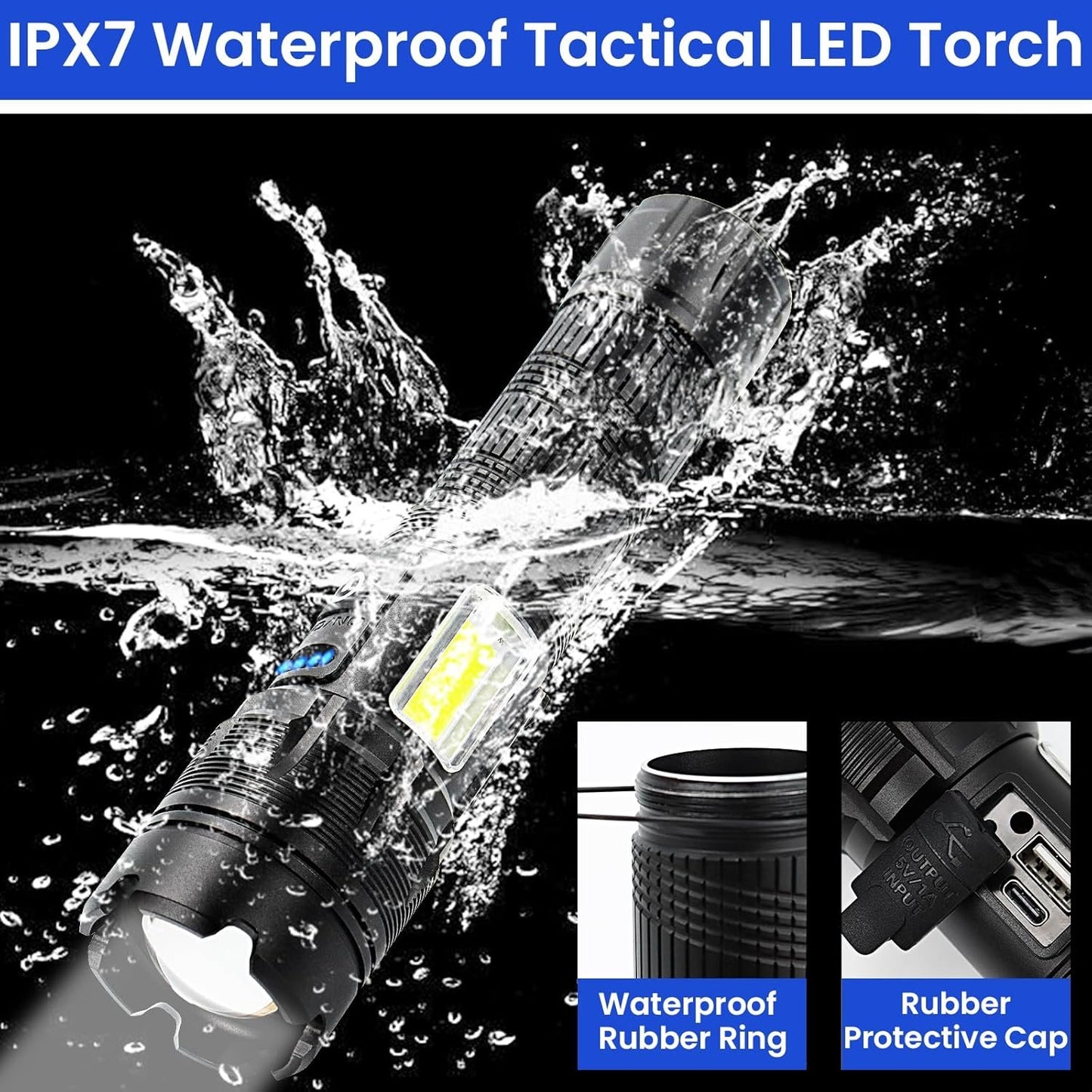 Rechargeable Flashlight Led,600000 High Lumens Super Brightest Flashlight,Tactical Flashlight with zoomable, 7 Modes & COB Light, IPX7 Waterproof, for Emergencies, Outdoor Hiking