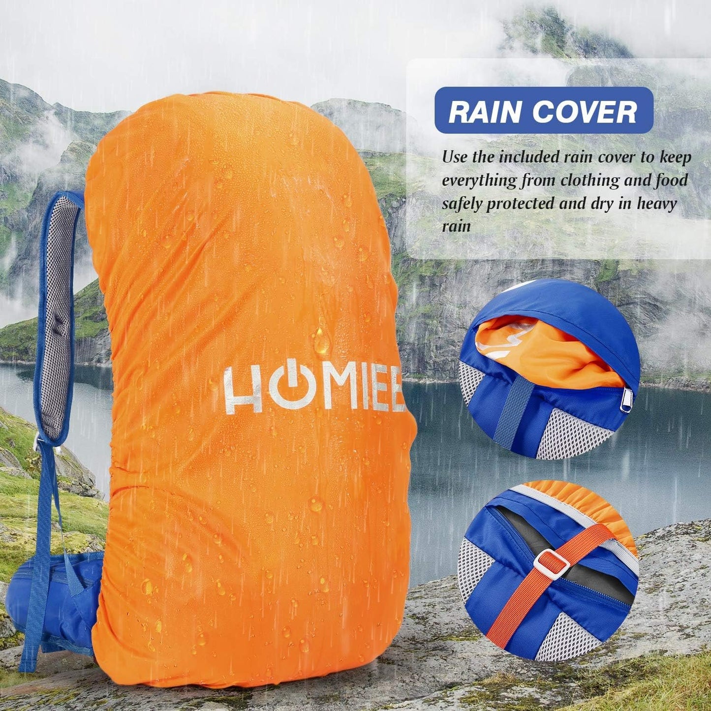 HOMIEE 50-60L Hiking Travel Camping Backpack for, Waterproof Lightweight Daypack with Rain Cover for Camping Touring