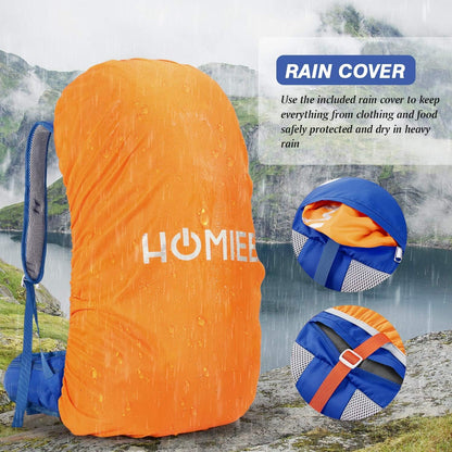 HOMIEE 50-60L Hiking Travel Camping Backpack for, Waterproof Lightweight Daypack with Rain Cover for Camping Touring
