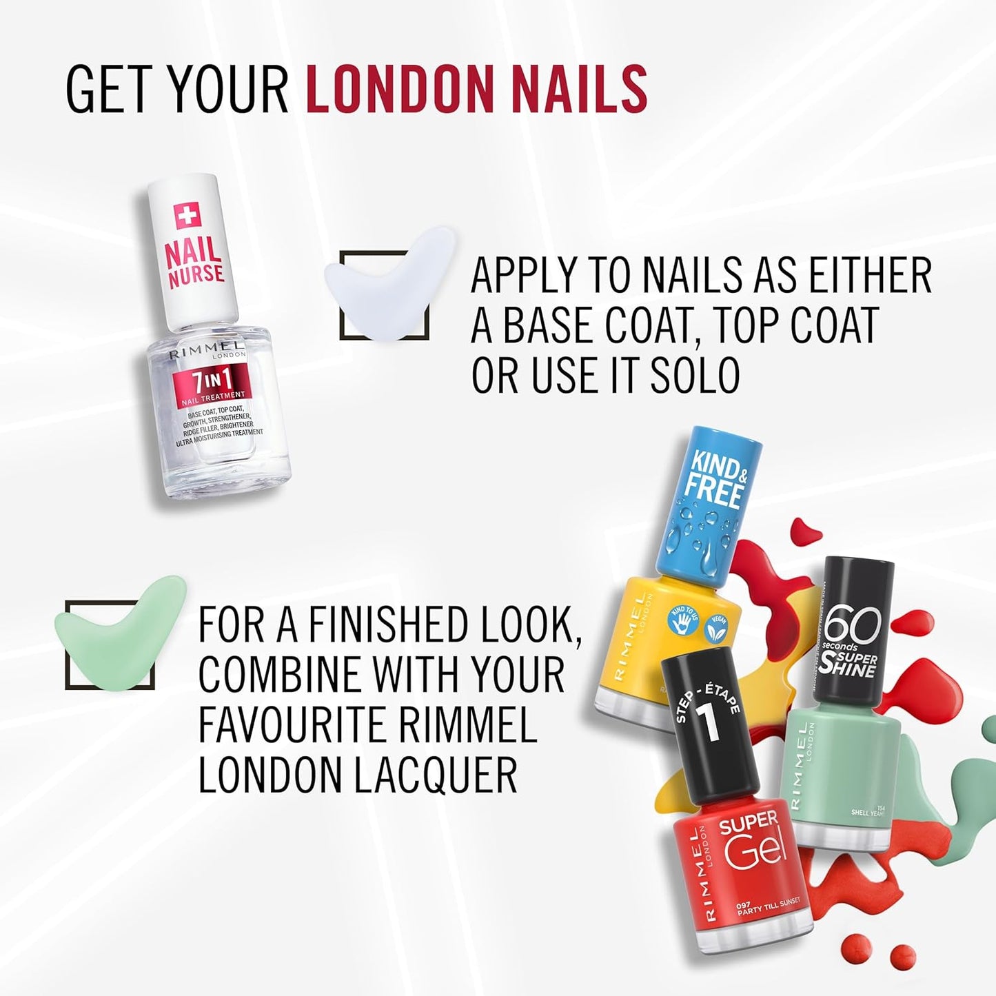 Rimmel London, Nail Care 7 in 1 Base & Top Coat Strengthens, Smoothes and Protects Colour, Vegan Formula Fast Drying 12ml