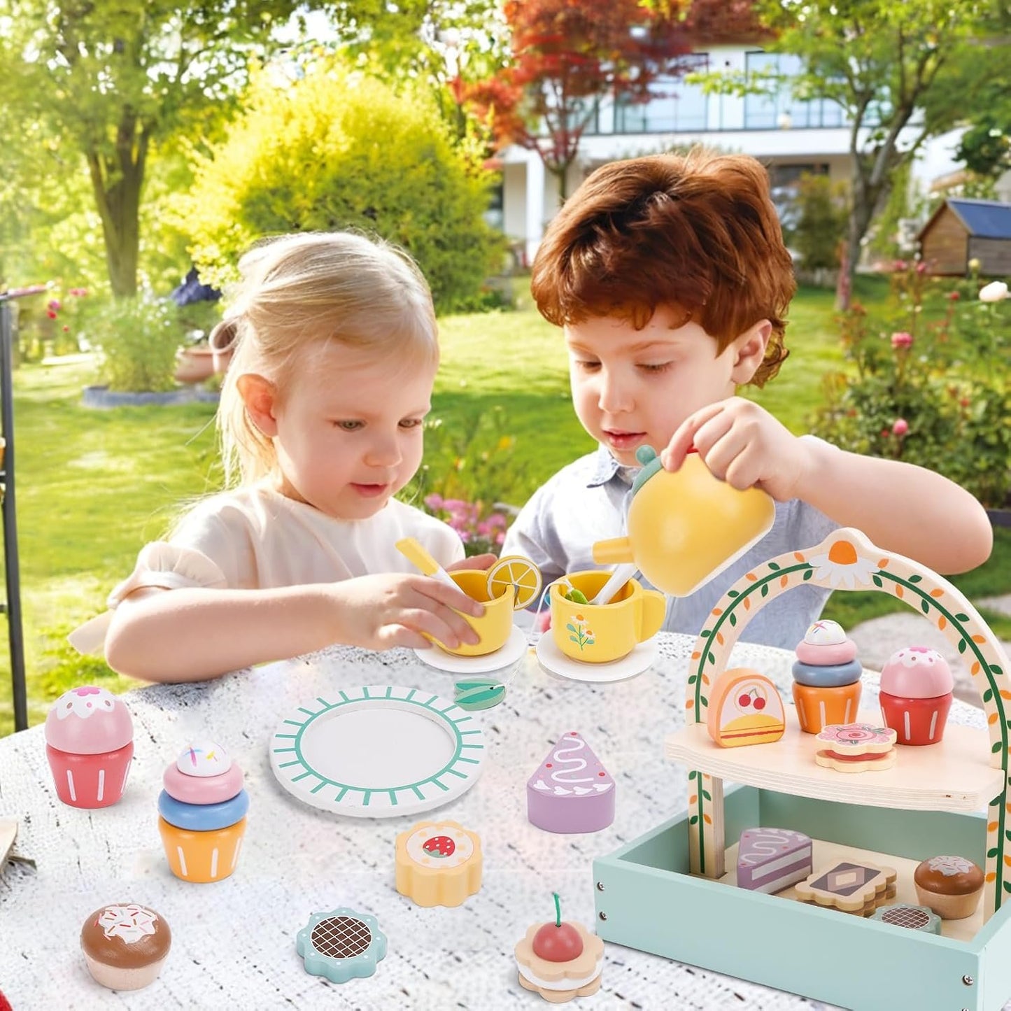 Wooden Tea Party Set for Little Girls, Tea Set Toddler Girl Toys, Pretend Play Tea Sets for Toddlers 3-5, Wooden Toys with Cupcake Stand & Play Kitchen Accessories for 3 4 5 6 Years Old Gifts