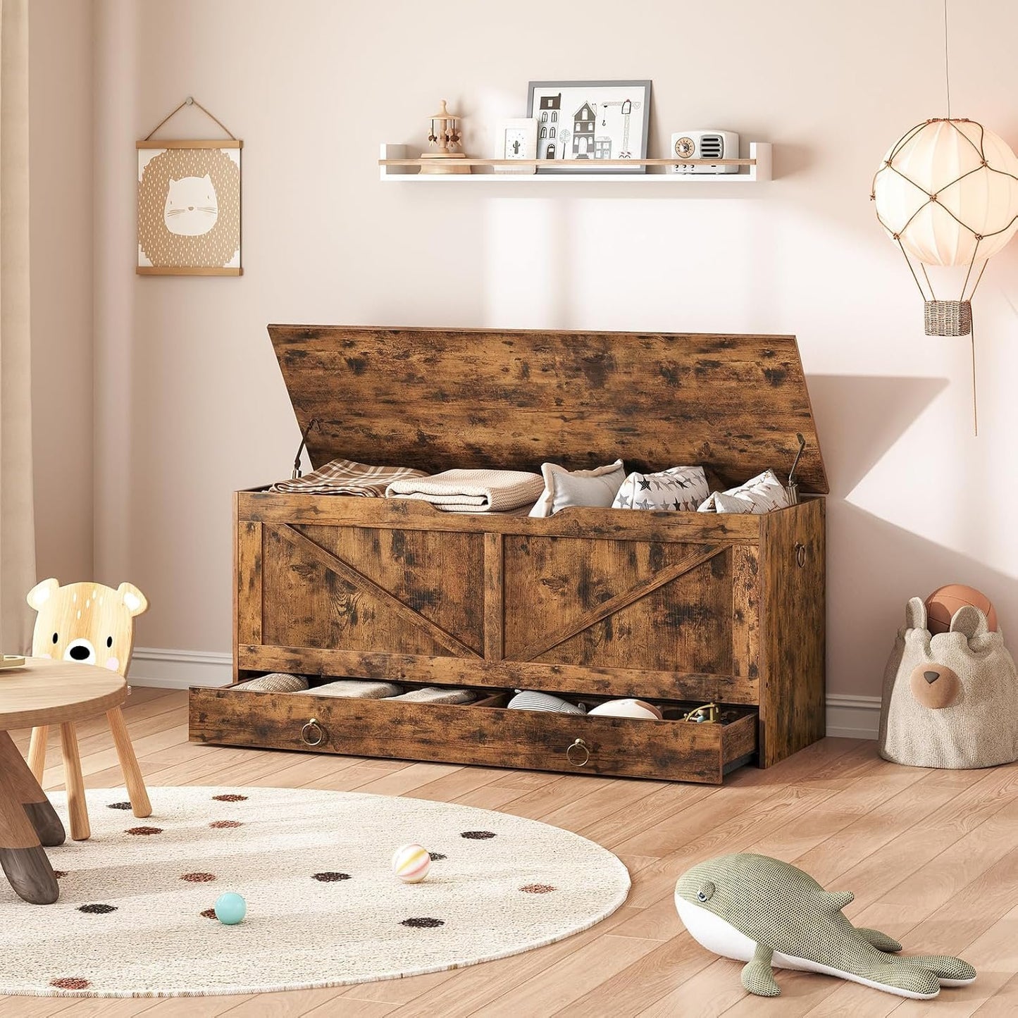 HOOBRO Storage Chest, 110 cm Toy Chest with Drawer, Wooden Storage Bench, Sturdy Entryway Bench Supports 100 kg, Shoe Bench, Safety Hinge, U-Shaped Opening, Easy Assembly, Rustic Brown FG711CW01G1