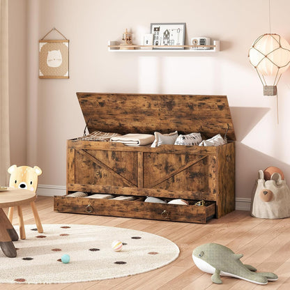 HOOBRO Storage Chest, 110 cm Toy Chest with Drawer, Wooden Storage Bench, Sturdy Entryway Bench Supports 100 kg, Shoe Bench, Safety Hinge, U-Shaped Opening, Easy Assembly, Rustic Brown FG711CW01G1