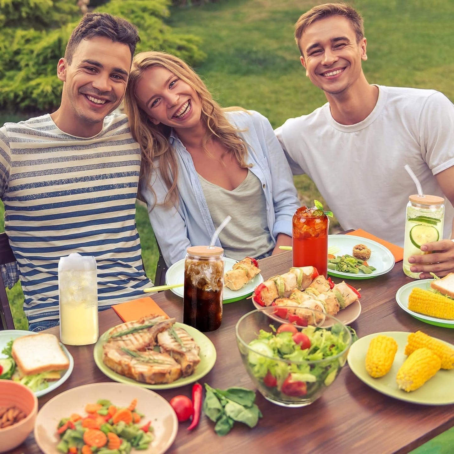 6 PCS Glass Cups with Lids and Straws, 16oz Glasses Drinking Set, Can Shaped Drinking Glasses, Reusable Glass Tumbler with Straw and Lid for Beer Iced Coffee Whisky Water