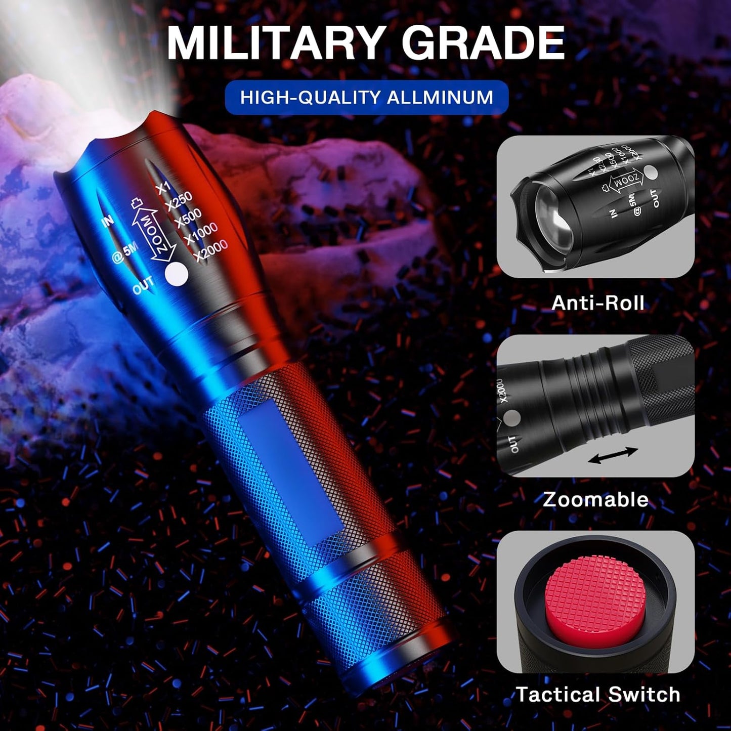 Tactical Flashlights 2 Pack, Zoomable Bright LED Torch High Lumens with 5 Modes, Waterproof Small Torch Light for Camping Essential, Camping Emergency Hiking Torch Flashlight