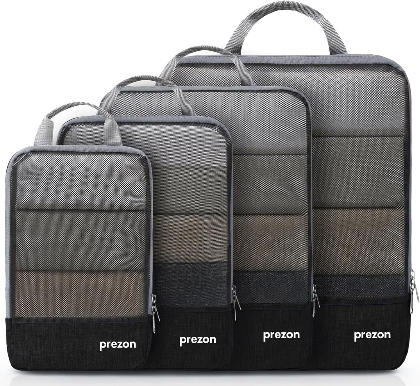 Prezon Compression Packing Cubes with Travel Shoes Bag and Laundry Bag, Luggage Organiser Set, Extensible Suitcase Organiser, Packing Organisers for Suitcases, Travel, Storage(Black, 4 Set)