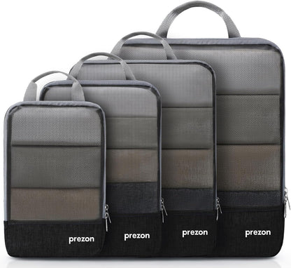 Prezon Compression Packing Cubes with Travel Shoes Bag and Laundry Bag, Luggage Organiser Set, Extensible Suitcase Organiser, Packing Organisers for Suitcases, Travel, Storage(Black, 4 Set)