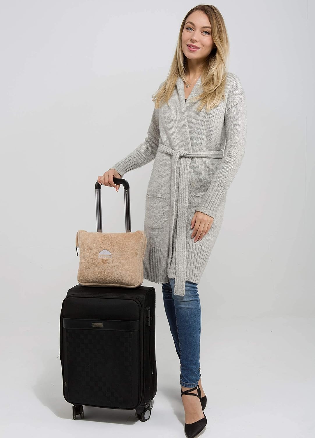 BlueHills Premium Soft Travel Blanket Pillow Airplane Blanket Packed in Soft Bag Pillowcase with Hand Luggage Belt and Backpack Clip, Compact Pack Large Blanket for Any Travel (Beige T005)