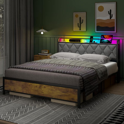ADVWIN Queen Size Bed Frame, Storage Headboard with Led & Charging Station, Industrial Upholstered Platform Bed with Metal Mattress Base Support, No Box Spring Needed, Rustic Brown & Gray (Queen)
