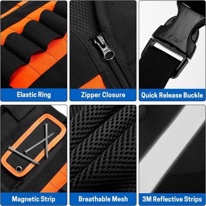 WISEPRO Tool Vest, Electrician Safety Vest with Pockets and Zippers, All Purpose Tool Vest Work Vest for Men Carpenters Electricians Handyman, Black Orange
