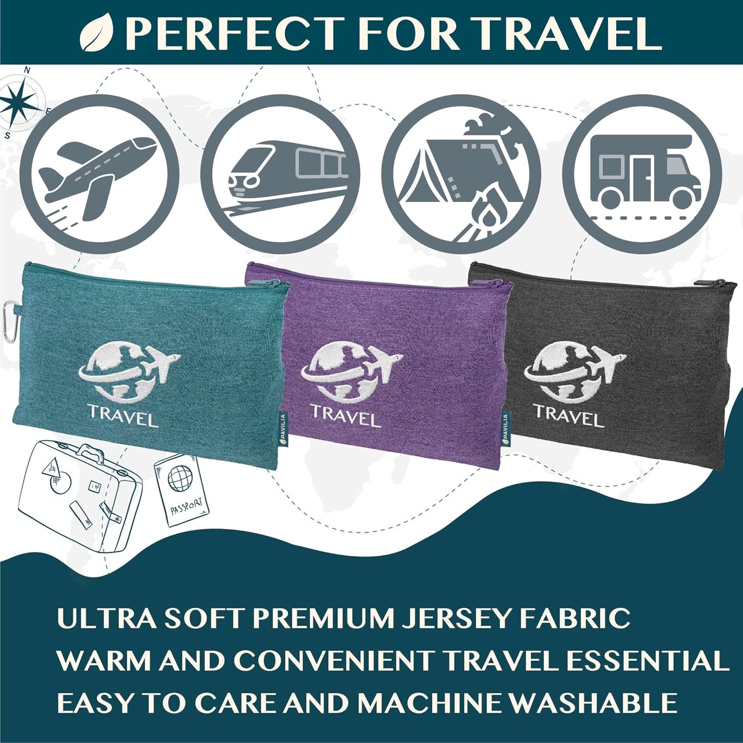 PAVILIA Soft Travel Blanket, Compact Airplane Blanket in Bag, Portable Blanket Pillow Set, Lightweight and Packable Plane Flight Car Trips Travel Home Office Gift Accessories, Black