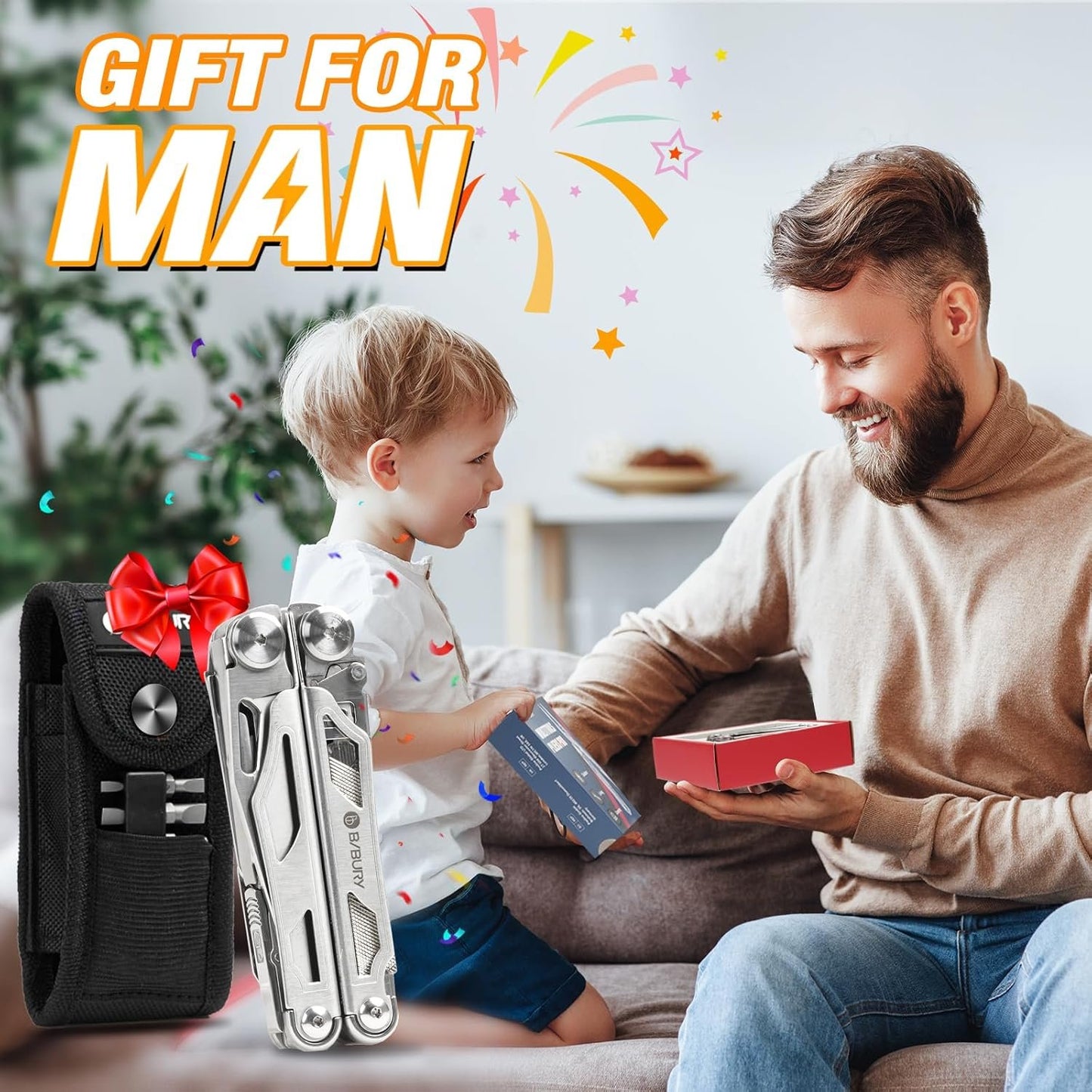 BIBURY Multitool Pliers, Stainless Steel Multi Tool Pliers with Replaceable Wire Cutters and Saw, Foldable Multitools with Scissors and Screwdriver, Ideal for Camping, Hiking, Survival, Gift for Him