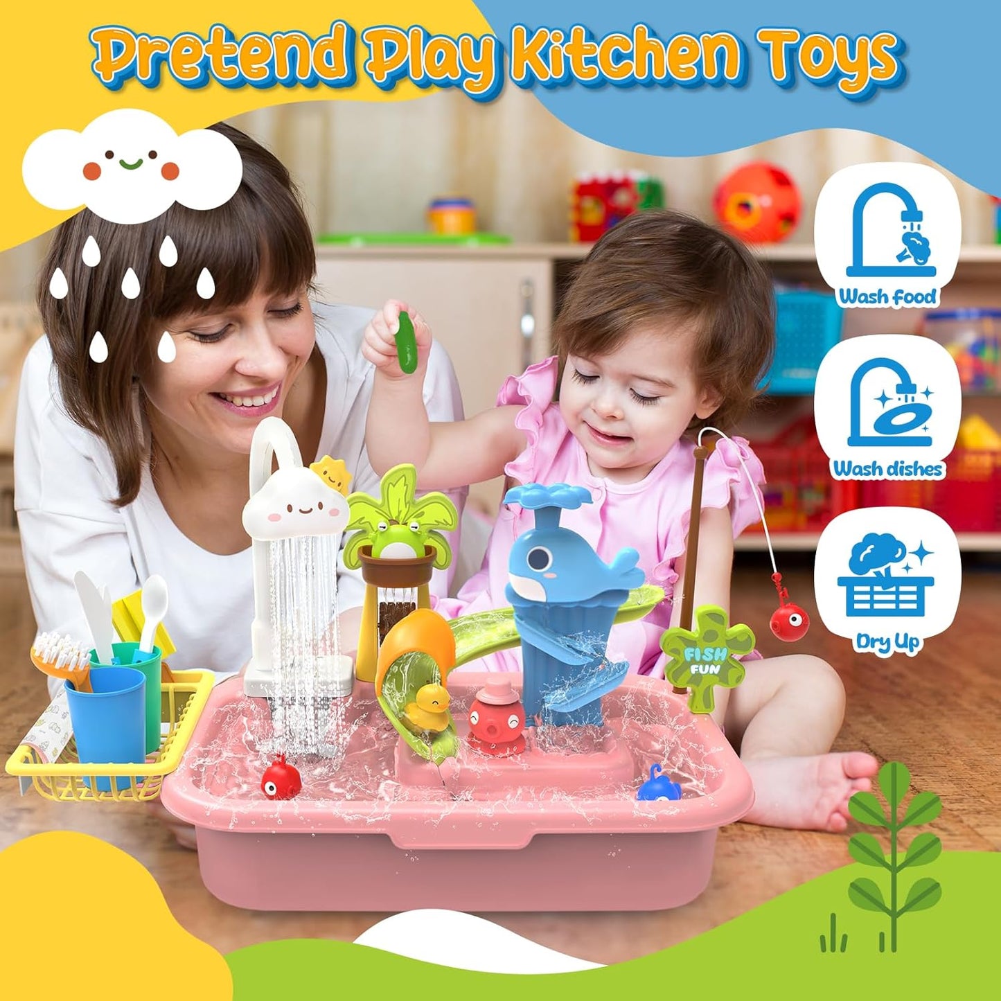 Play Sink with Running Water, 4-in-1 Kids Kitchen Sink Toys with Electric Faucet, Water Table Floating Pool Toy w/Fishing Game, Duck Slide, Pretend Play Dishwasher Set for Toddler Boys Girls (Pink)