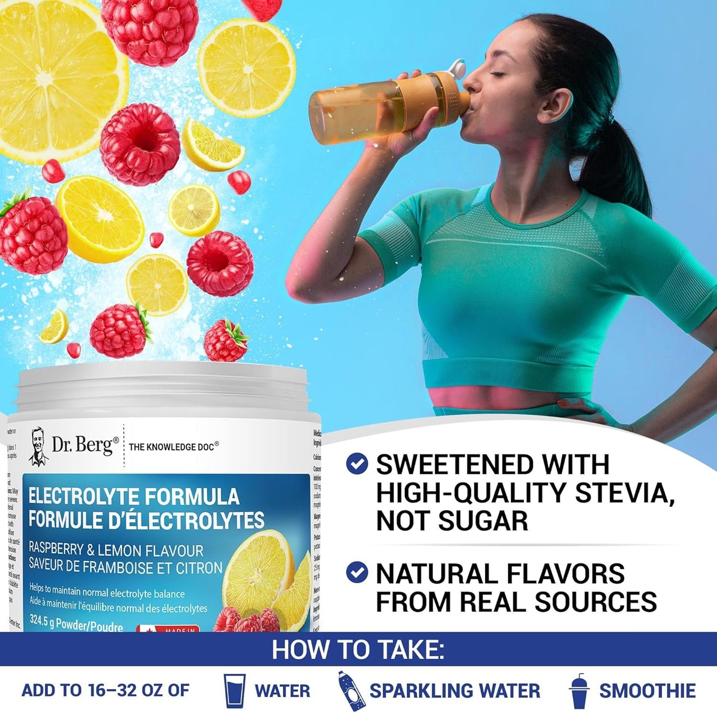 Dr. Berg Electrolytes Powder No Sugar - Enhanced w/ 1000 mg of Potassium & Real Sea Salt - Zero Sugar Electrolyte Powder - Raspberry & Lemon Flavor Hydration Powder Electrolytes - 50 Servings
