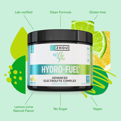 Zhou Nutrition Hydro-Fuel, Sugar Free Electrolyte Powder, Replenish Nutrients & Restore Hydration, Natural Mineral Complex with Coconut Water Concentrate, Vegan, Gluten Free, Lemon Lime, 30 servings