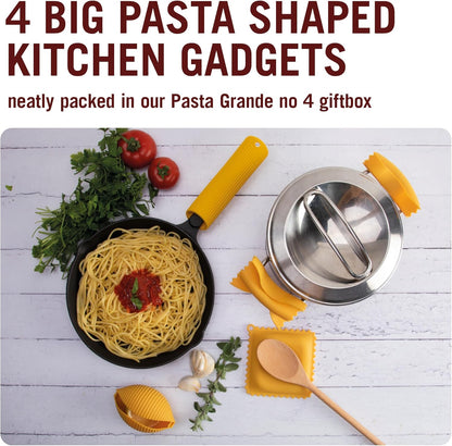 Monkey Business Silicone Kitchen Tools in Gift Box/ 4 Big Pasta Shaped Kitchen Gadgets/Farfalloni Pot Grips, Ravioli Spoon Rest, Conchiglie Lemon Squeezer and Penne Pan Grip/Pasta Grande No. 4