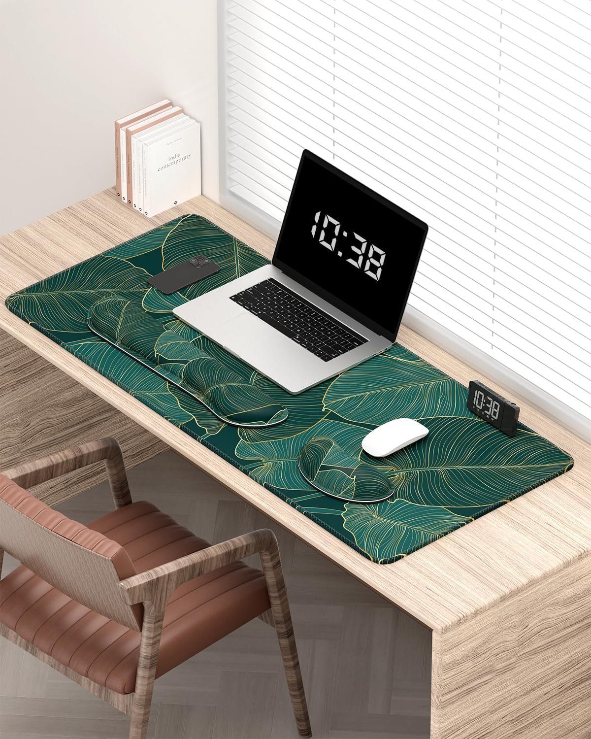 Auhoahsil Large Mouse Pad with Wrist Support Set of 3, Memory Foam Keyboard Rest + XXL Extended Gaming Pad, Ergonomic Desk for Women Men, Teal Beach Palm Tree Leaves, XX-Large